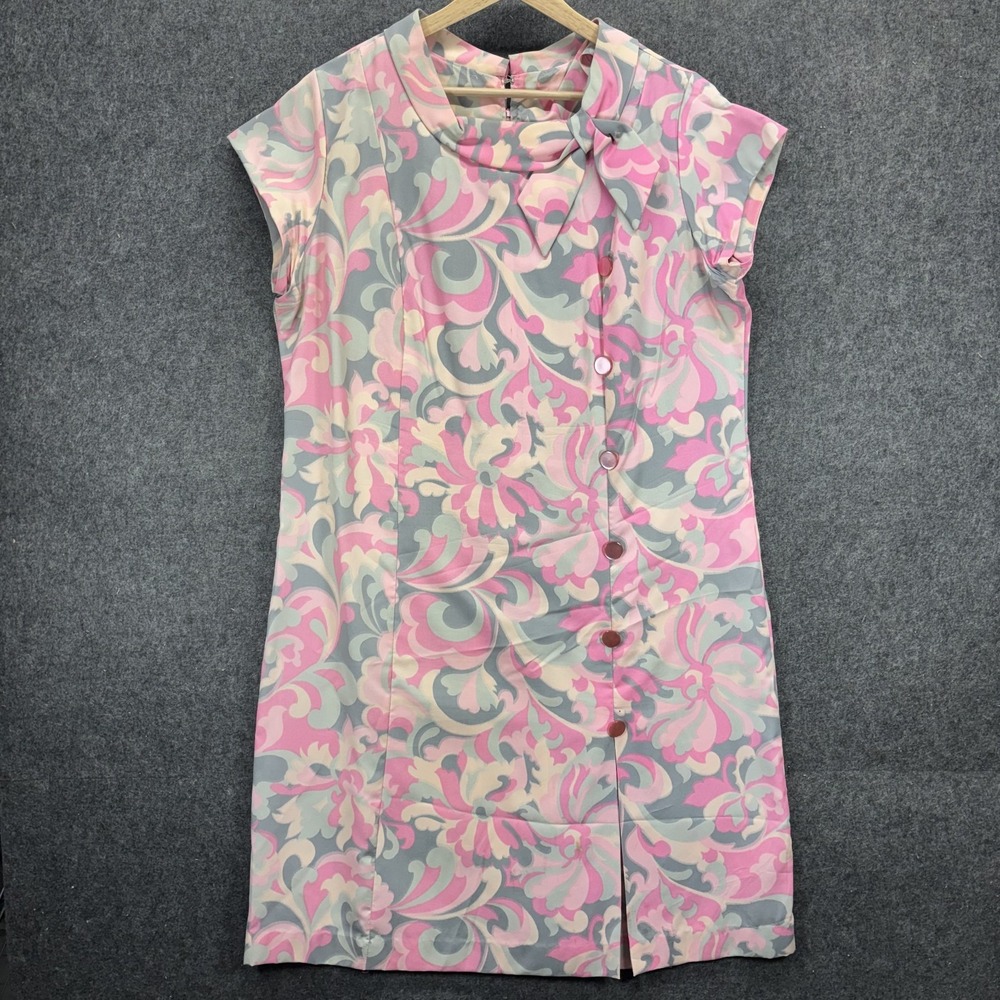 Vintage 60s Mod Shift Dress Women's Medium Pink Abstract Mod Bow3 Collare MCM